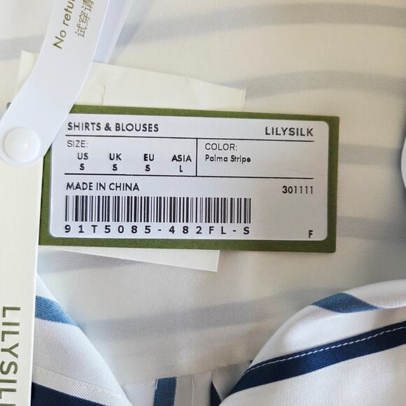 LILYSILK Oversized Palma Stripe Silk Button Down Shirt, Size Small, White & Blue - Picture 6 of 16